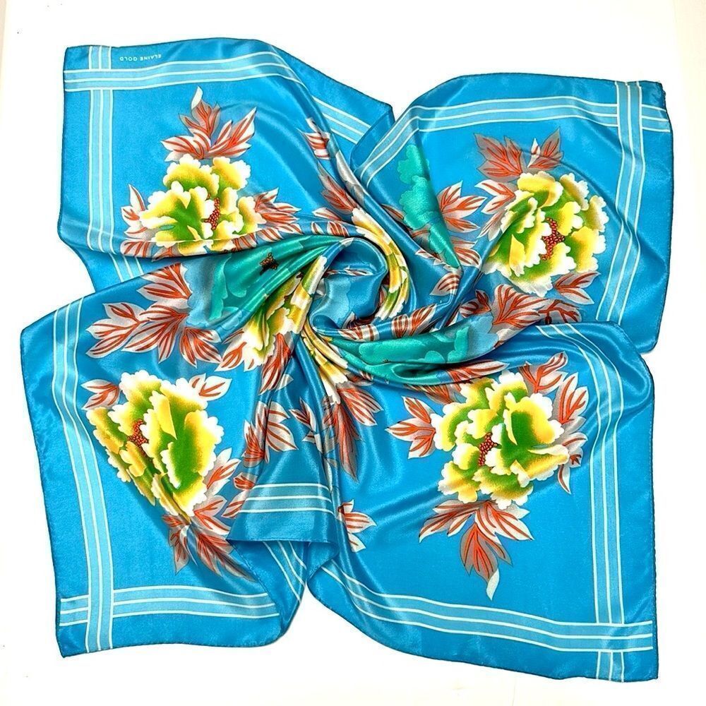 Elaine Gold for Collection XIIX Silk Square Scarf Floral Blue Gold made in Japan
